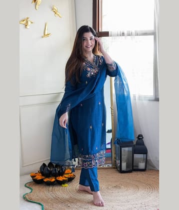 Trijal Fab Women Cotton Blend Embroidered Straight Kurti With Pants ( Dark Blue )