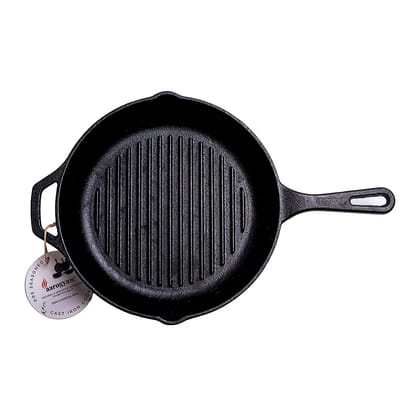 Aarogyam Cast Iron Round Grill Pan With Handle, Pre-Seasoned 10 inch Diameter (25cm), Naturally Non-stick, Toxin-Free, Gas & Induction Compatible, Weight- 2.6 kg (Colour - Black) by Aarogyam - The Cast Iron Shop