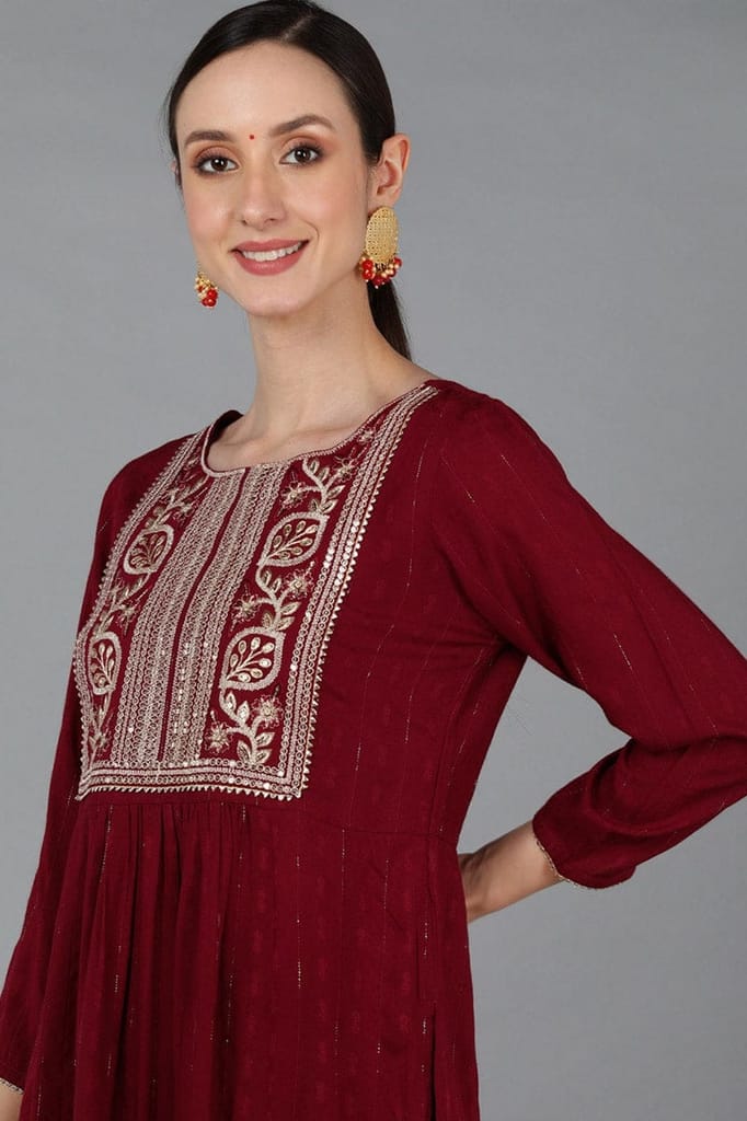 Stylish Women Maroon Silk Blend Yoke Design Solid Straight Kurta Set PKSET1176 2026 at ShopCircu