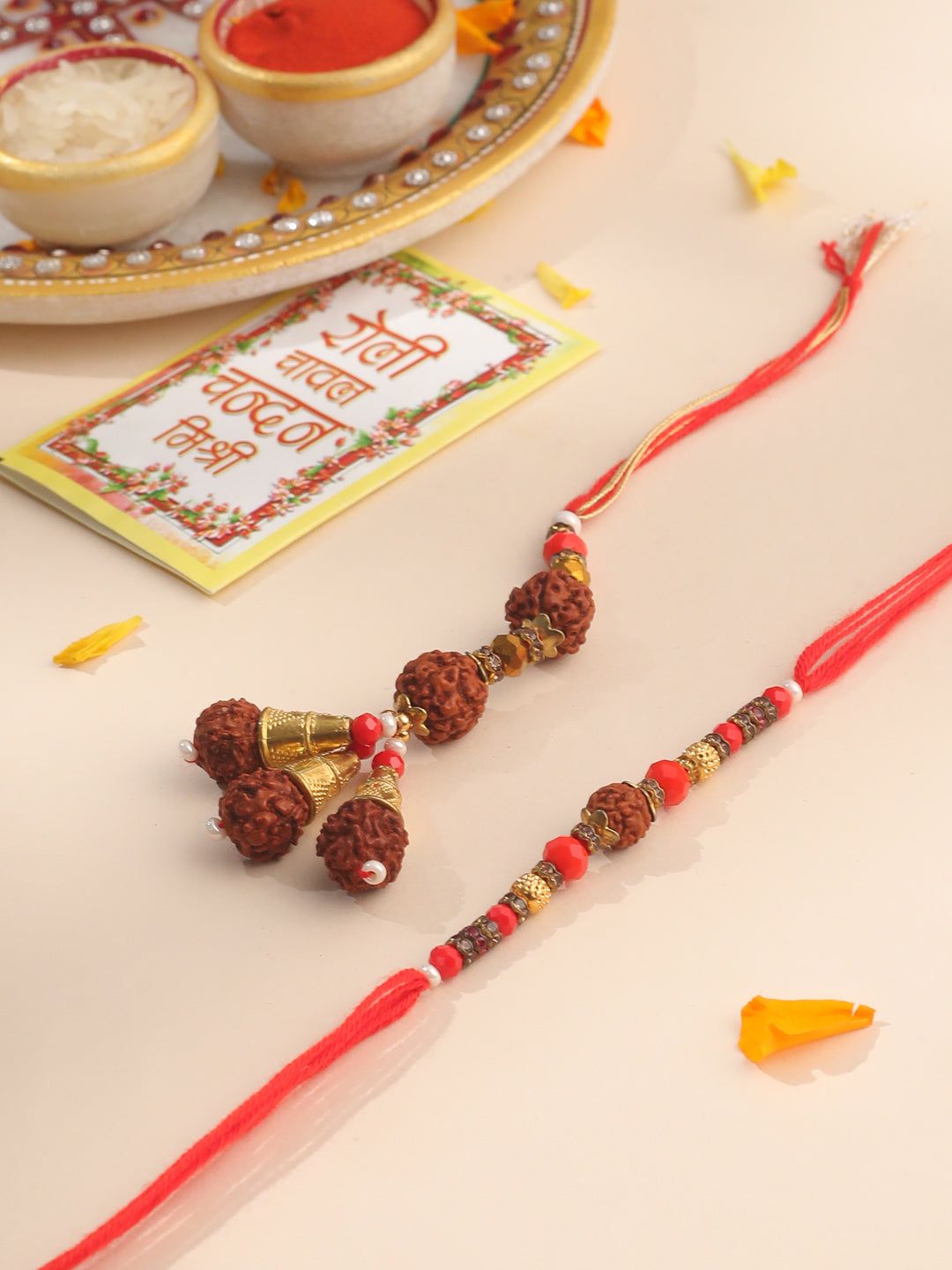 NVR Set of 2 Multicolor Rudraksh & Beads Bhaiya Bhabhi Rakhi with Roli Chawal Chandan & Mishri-One Size / Multicolor