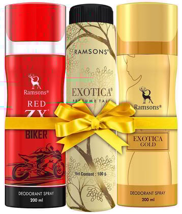 RAMSONS Deo Talc Combo | 1 Exotica Gold Deodorant Spray - 200ml | 1 Red ZX - Biker Deodorant Spray - 200ml | 1 Exotica Perfume Talc - 100gm | Combo Pack Of 3