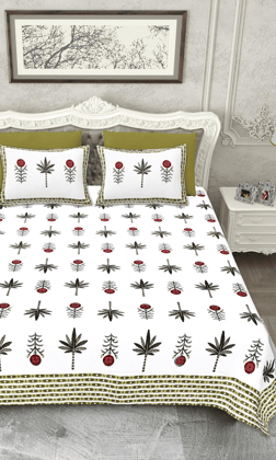 Cotton Block Printed Gulbahar King Size Bedsheet with 2 Pillow Covers-100 * 108