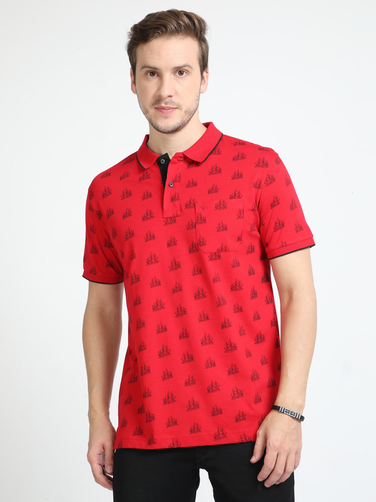 Classic Polo Mens Cotton Half Sleeves Floral Slim Fit Polo Neck Red Color T-Shirt | Bello - 227 A Sf P