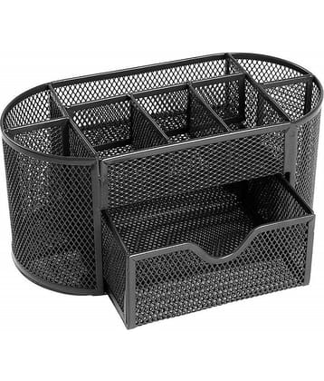 JELLIFY 9 Compartments Metal Mesh Desk Organizer, Office Table with 1 Drawer Desktop Supplies  (Black)
