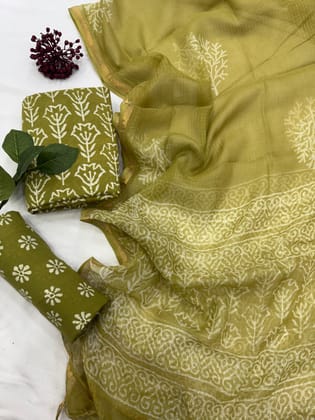 Block printed Cotton Suit Set With Kota Doriya Dupatta