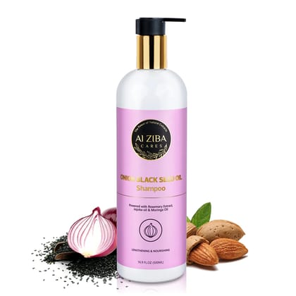 ALZIBA CARES Onion Black Seed oil Shampoo with Rosemary, Jojoba, Moringa, Coconut and Almond Oil | For Lenghthening & Nourishing Hair & Strong Hair | 500 ML | for Men and Women, All Season & all Hair Types
