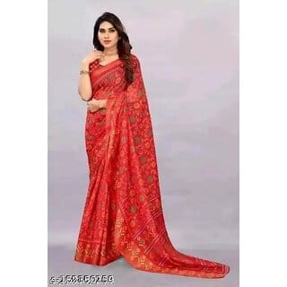 Red Colour Cotton Printed Saree With Blouse Piece