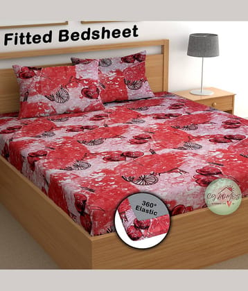 CG HOMES Poly Cotton 1 Double Fitted Bedsheet with 2 Pillow Covers ( 230 cm x 225 cm ) , Red