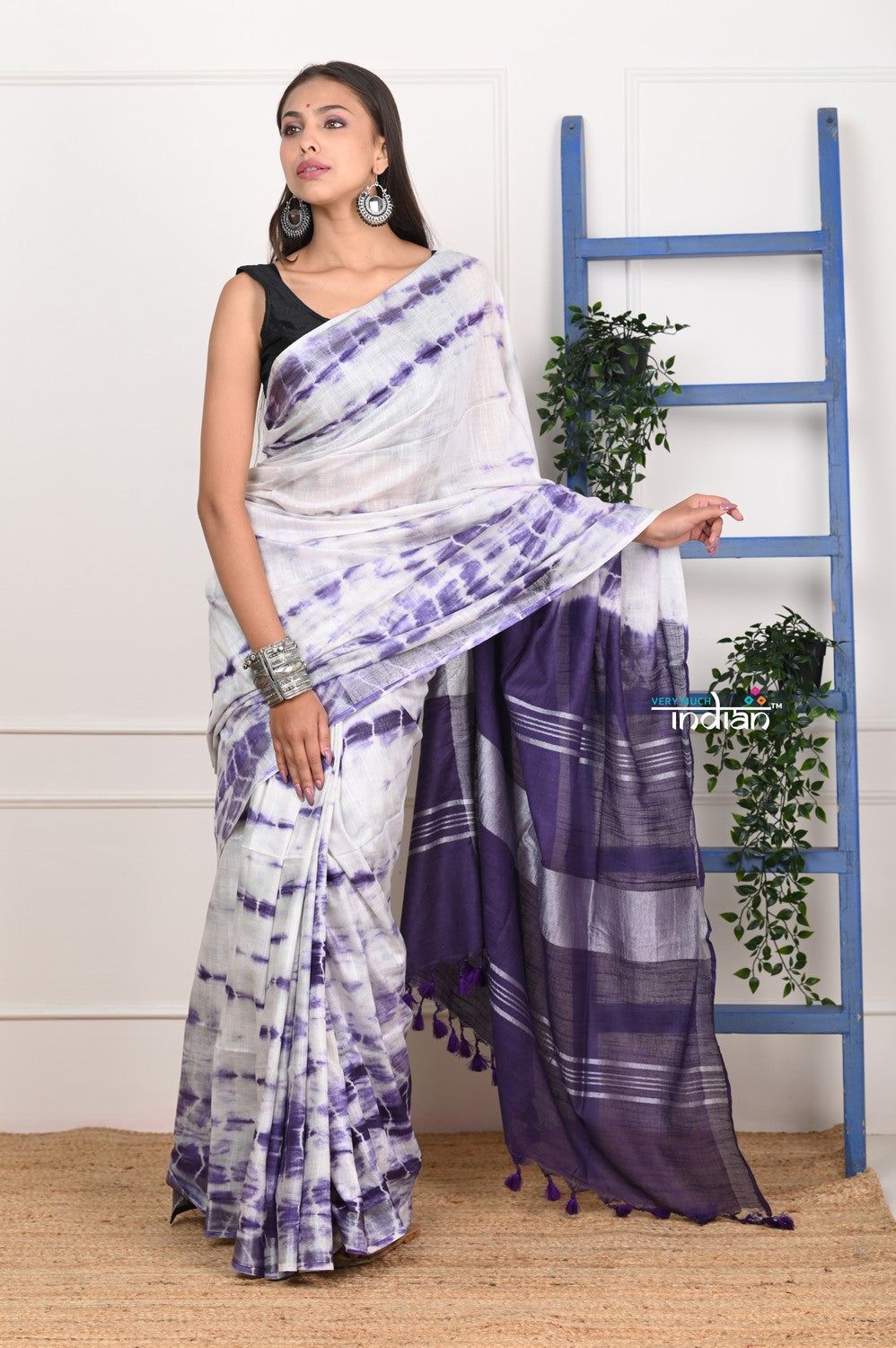 EXCLUSIVE! Handmade Tie and Dye Cotton White- Purple Saree By Women Weavers