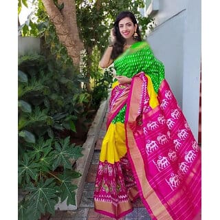 Green  And Pink Colour Ikkat Designer Printed saree