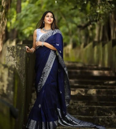 Peaceful Jaquard Navy Blue Color Silk Saree