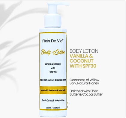 Plein De Vie Body Lotion | Vanilla | Coconut | Skin Moisturiser | Dry Skin and Oily Skin | Winter Body Lotion | Body and Face | Sun Protection & Acne Care | SPF 30 | Unisex | 200ml