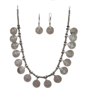 Traditional Oxidised Silver Multi Strand Necklace And Hoop Earring Set