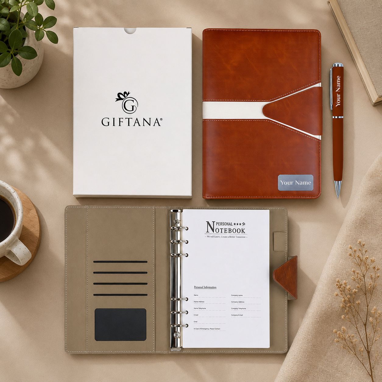 Custom Name Tan Planner Diary & Pen Gift Set