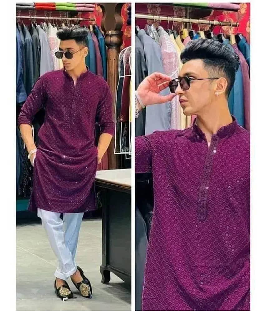 Gazal Fashions Cotton Blend Embroidered Regular Kurta For Men ( Purple )