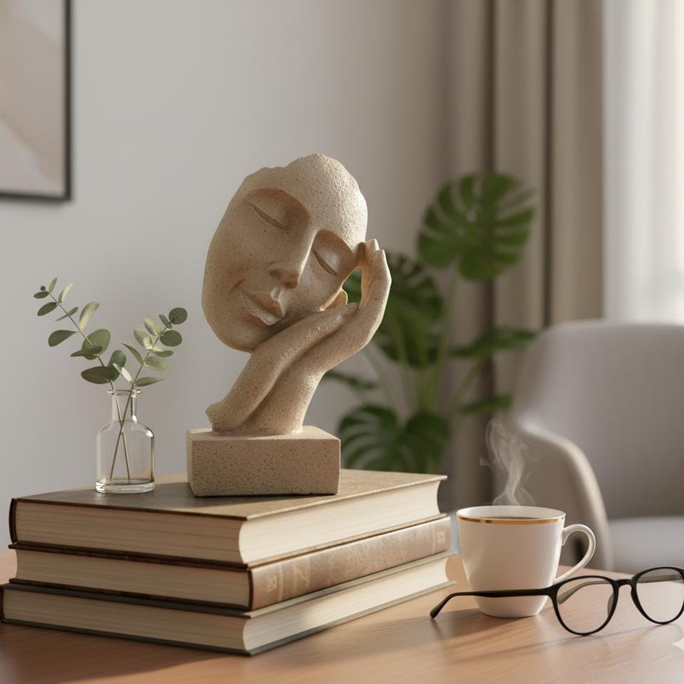 Abstract Face Resting on Hand Sculpture – Minimalist Polyresin Statue with Stone Texture – Neutral Art Decor for Shelf, Office, or Meditation Space