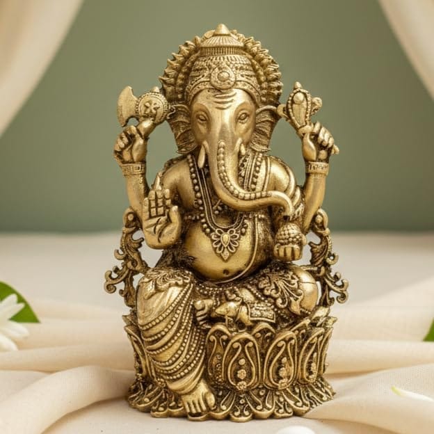 Sukh Sehaj Shree Ganesha Murti | Ganapati Idol | Brass Murti | Handcrafted, Antique Yellow Finish, 3.0 Inch, for Home Temple, Decor, Pooja Ritual and Gifting