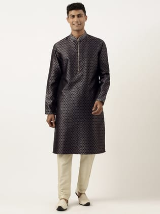 Midnight Blue with Golden Floral Jaal Open Kurta Set-M/40 / Only Kurta - No Lowers