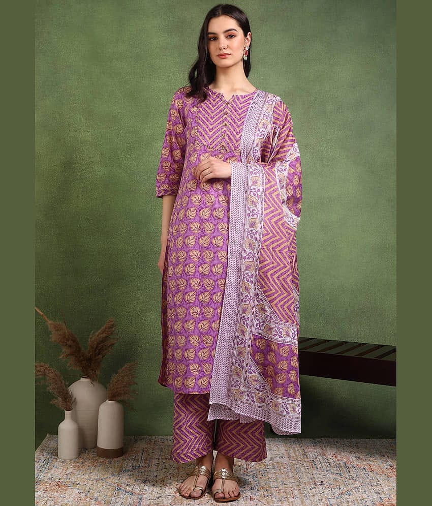 Yash Gallery Women Cotton Printed Straight Kurti With Pants ( Lavender )
