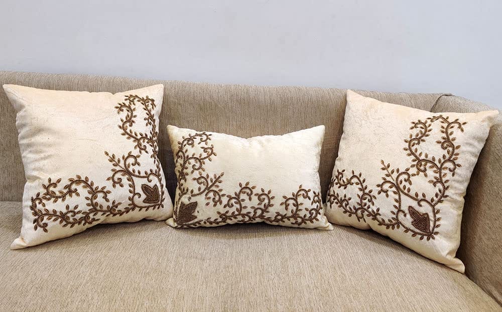 Cream Set of 3 Ethnic Beaded Embroidered Square Cushion Covers Combo for Sofa Home Bedroom - Ethnic Shoes | Buy online on ZillyBuy