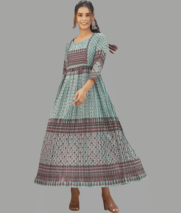 Juniper Women Cotton Blend Printed Ethnic Dress ( Light Blue )