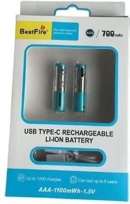 NOVEL BestFire AAA 1.5V USB Type-C Rechargeable Lithium-Ion Battery 700mAh Pack of 2 | Suitable for Remote Controls, Wireless Accessories, Toys and Electronic Devices