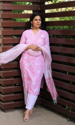 Cotton Handblock Pink Suit Set with Kota Doria Printed Dupatta-XXS