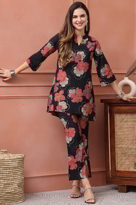 Black Color Floral Printed Premium Chanderi Co-ord Set-S