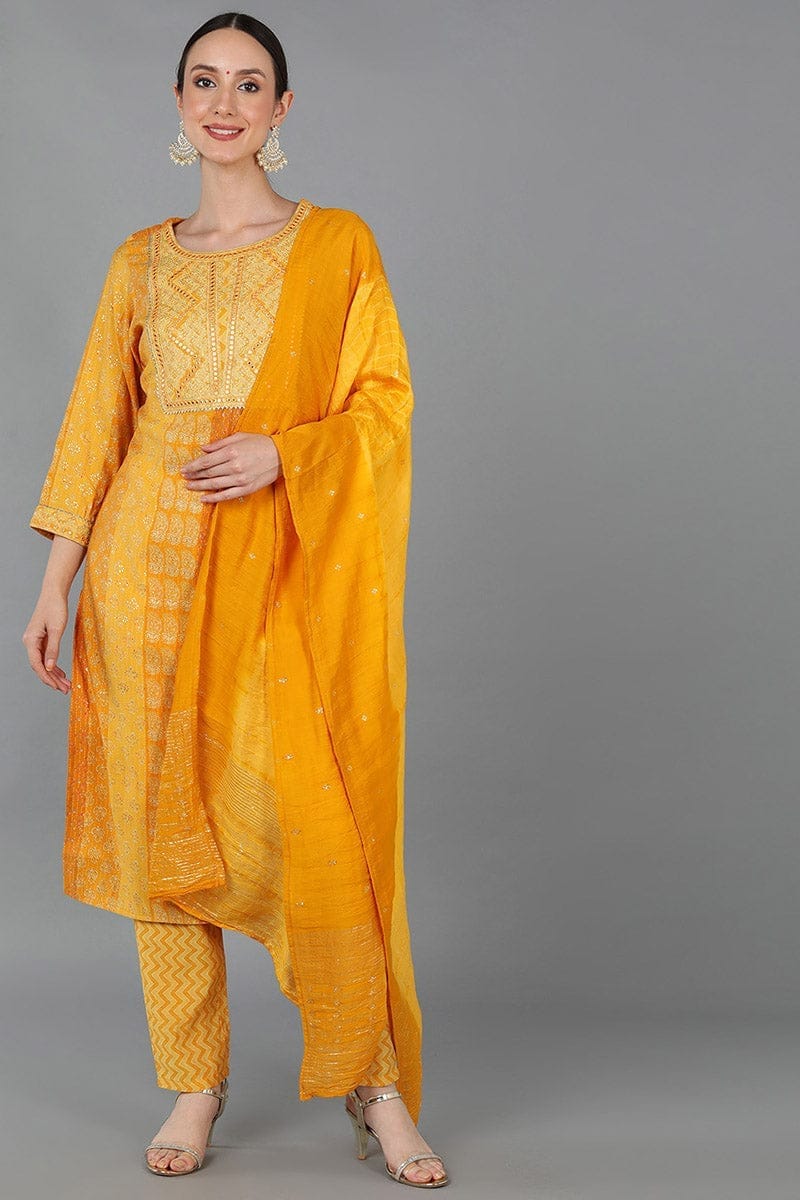 Mustard Silk Blend Ethnic Motifs Straight Kurta Trousers With Dupatta VKSKD1659