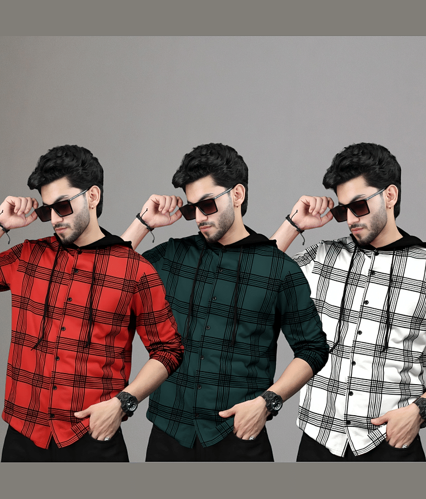 LAMATE Cotton Blend Regular Fit Checks Full Sleeves Men's Hooded T-Shirt - Dark Green ( Pack of 2 )