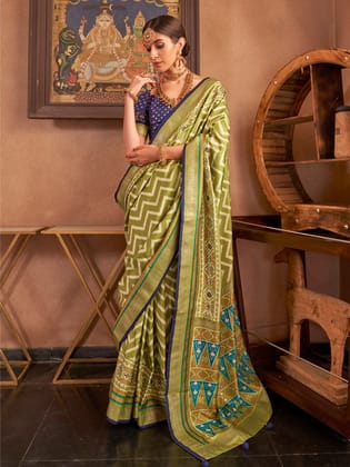 Mehendi Green Soft Silk Chevron Pattern With Foil Printed Patola Saree
