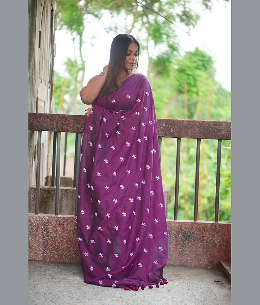 SARADA HANDLOOM Cotton Embroidered Saree With Unstitched Blouse Piece ( Purple )