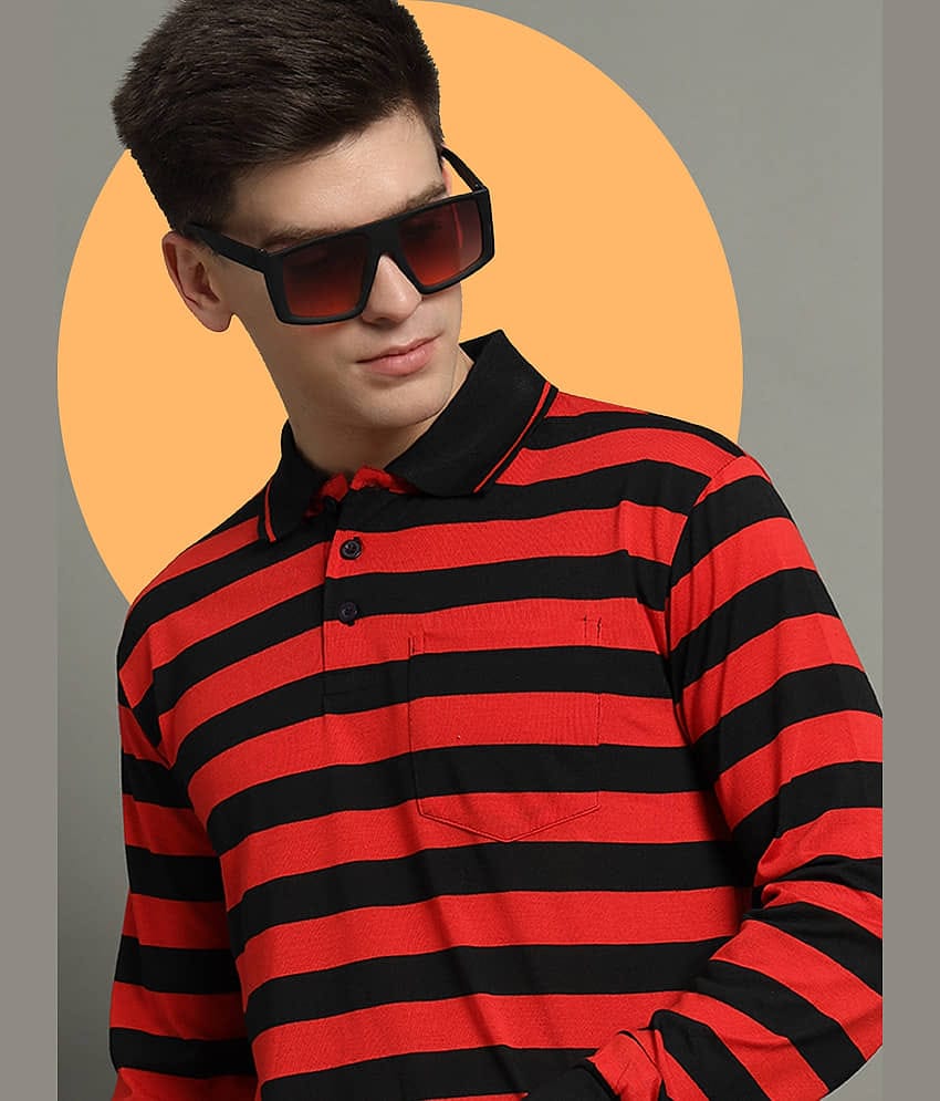 GET GOLF Pack of 1 Cotton Blend Regular Fit Striped Full Sleeves Men's Polo T Shirt ( Red )