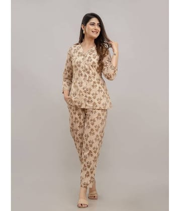 Frionkandy Women Printed Shirt With Trousers Co-Ord Set ( Beige )