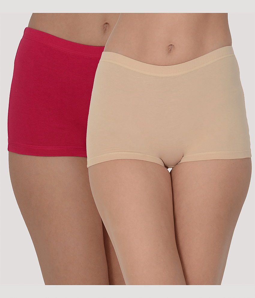 Leading Lady Pack of 2 Cotton Solid Women's Boy Shorts ( Maroon )