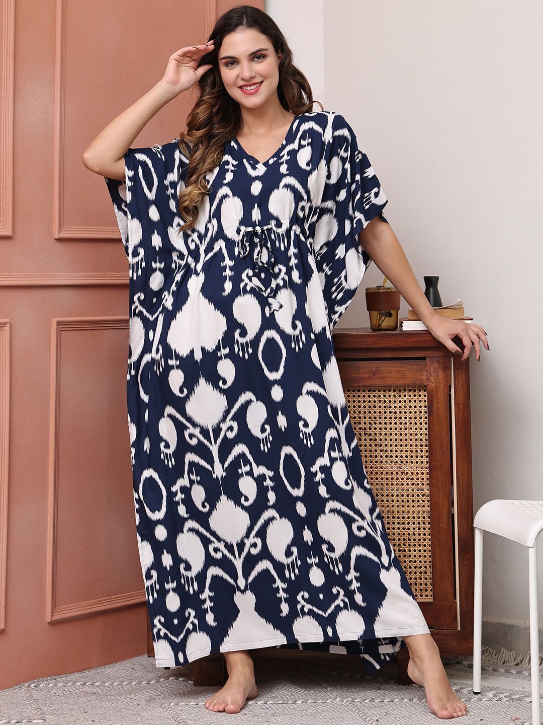 Navy Blue Women Printed Kaftan Maxi Nightdress-Free Size