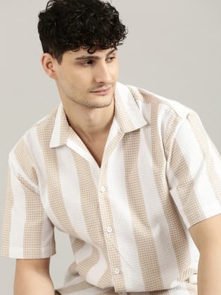 White&Beige Striped Short Sleeved Oversized Shirt-38