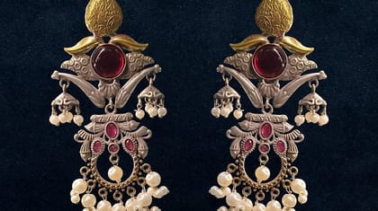 Bilasita Royal Heritage Oxidised Jhumka Earrings (Red & White) | Vintage Ethnic Charm | Wedding & Festive Wear Bilasita Royal Heritage Oxidised Jhumka Earrings (Red & White) | Vintage Ethnic Charm | Wedding & Festive Wear