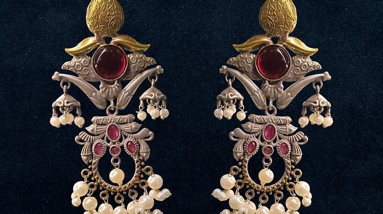 Bilasita Royal Heritage Oxidised Jhumka Earrings (Red & White) | Vintage Ethnic Charm | Wedding & Festive Wear