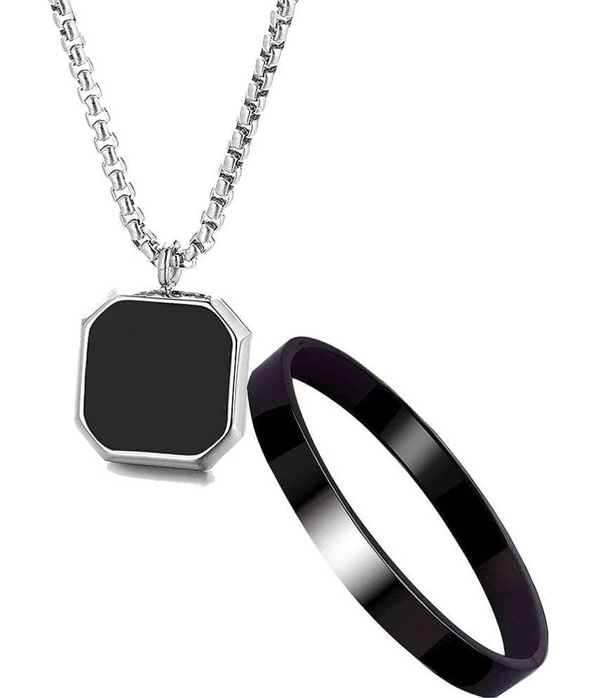 Fashion Frill Silver Chain For Men Stainless Steel Square Silver Chain Pendant with Black Kada Bracelet For Men Boys Stylish Mens Jewellery