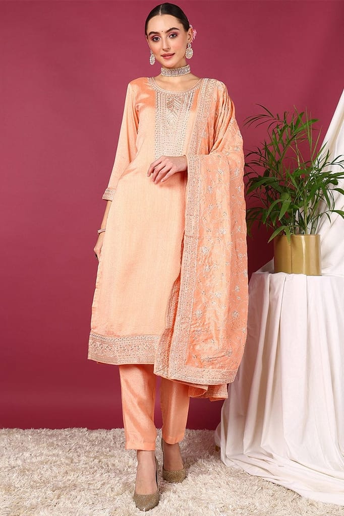 Peach Silk Blend Straight Kurta Pant With Dupatta PKSKD1899 - Kurtas & Kurta Sets | Buy online on ZillyBuy