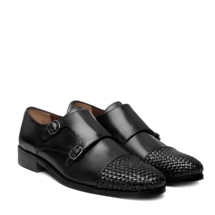 Black Contrasting Cap Toe Leather Woven Detailed Double Monk With Leather Sole Shoes By Brune & Bareskin-40/6