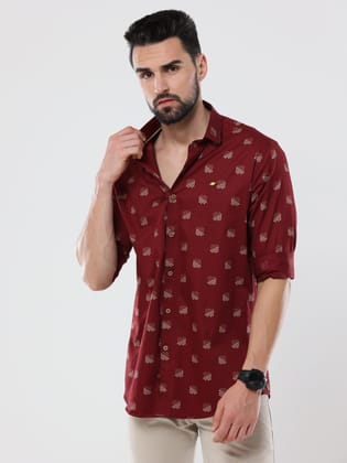 Men's Maroon Satin Printed Shirt | Rick Rogue-M/38