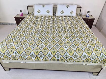 Bedsheet Set with Pillow Covers,Printed Cotton, Floral Design, Yellow and Green, Size 210 cm X 226 cm, Best use at Single Bed and Deewan