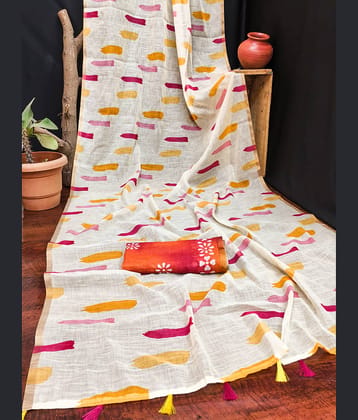 Kashvi Sarees Linen Printed Regular Saree With Unstitched Blouse Piece ( White )