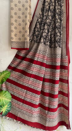 Hand block printed cotton mul saree with blouse.....Size 6.5 with blouseNatural dye n colourPure cotton (92*80)Pure hand ( without skrin chemical),