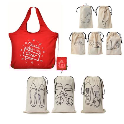 IVillage Travel Combo with 1 Foldable Microfiber Tote Bag Red 5 Cotton Travel Pouches and 3 Shoe Cover For Travel Pack Of 9