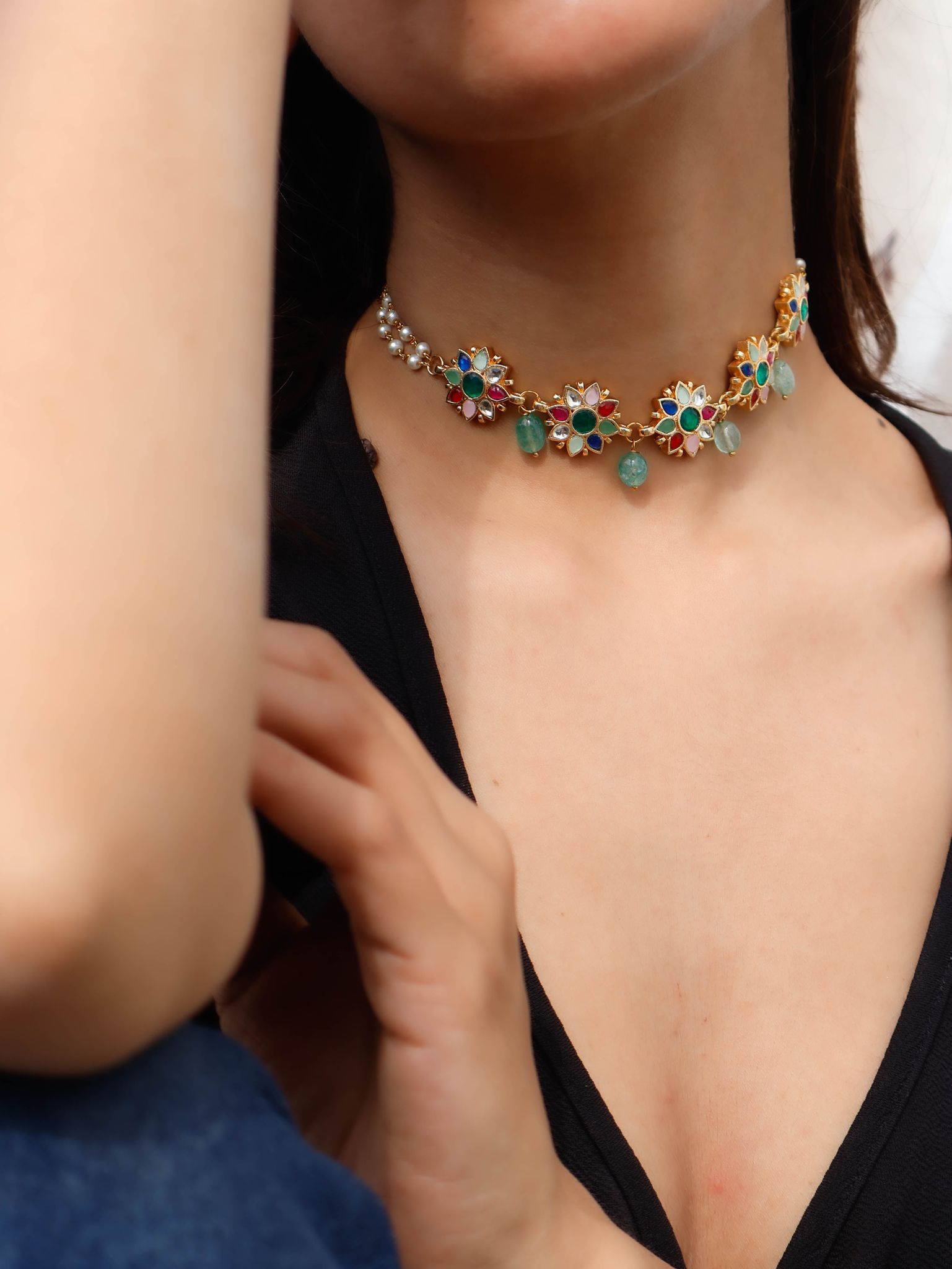 Lacey Kundan Choker Necklace-Multicolored