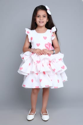 Heart Layered Cotton Dress With Matching Clip -Coral-1-2Y / Coral