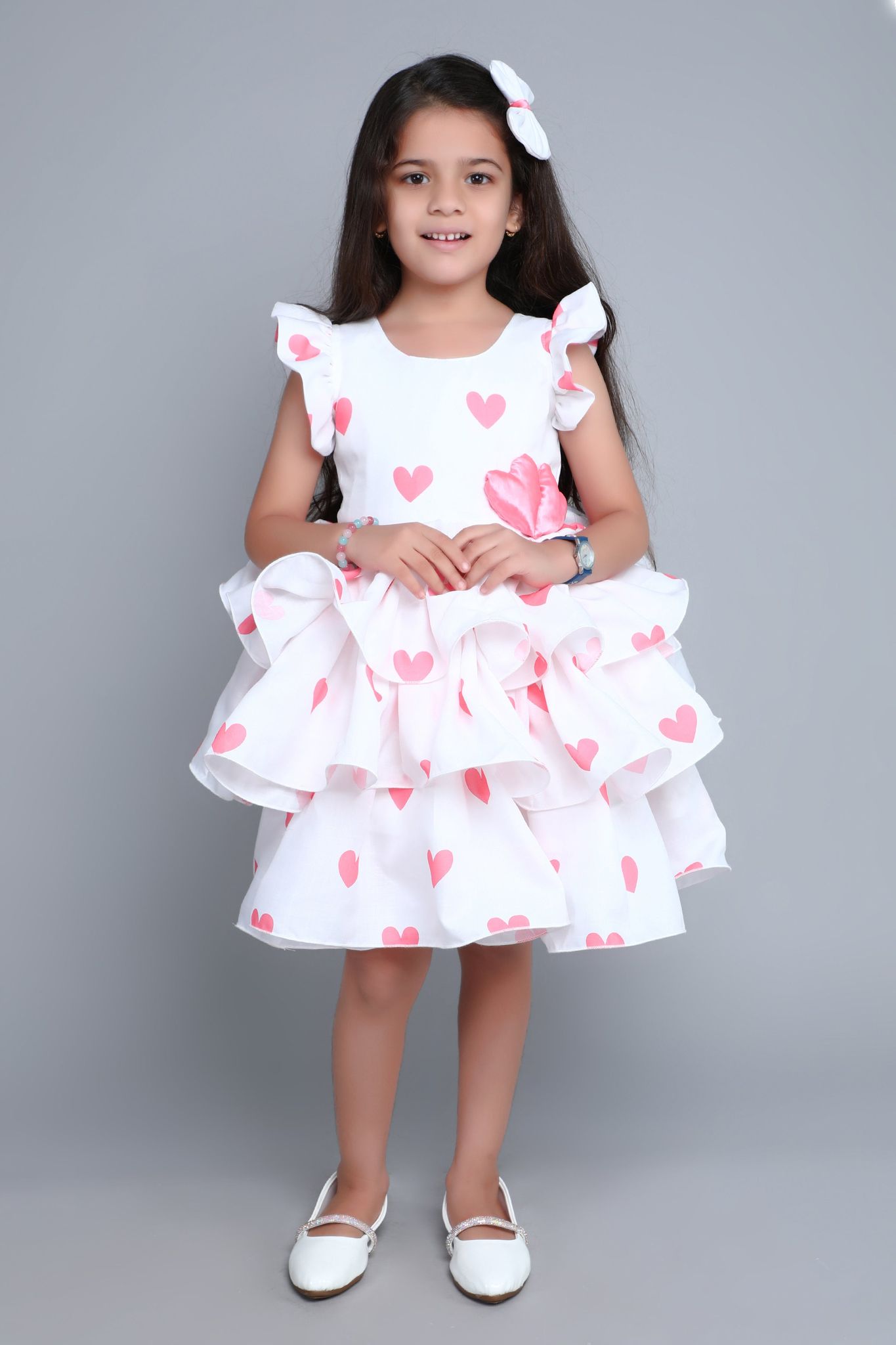Heart Layered Cotton Dress With Matching Clip -Coral-1-2Y / Coral